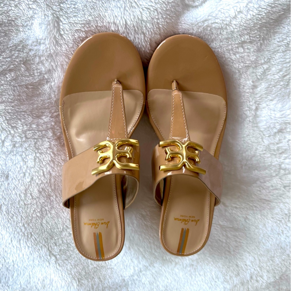 Sam Edelman Nude/Tan Patent Leather Wedge Sandal with Gold Hardware